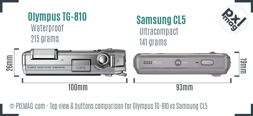 Olympus TG-810 vs Samsung CL5 top view buttons comparison