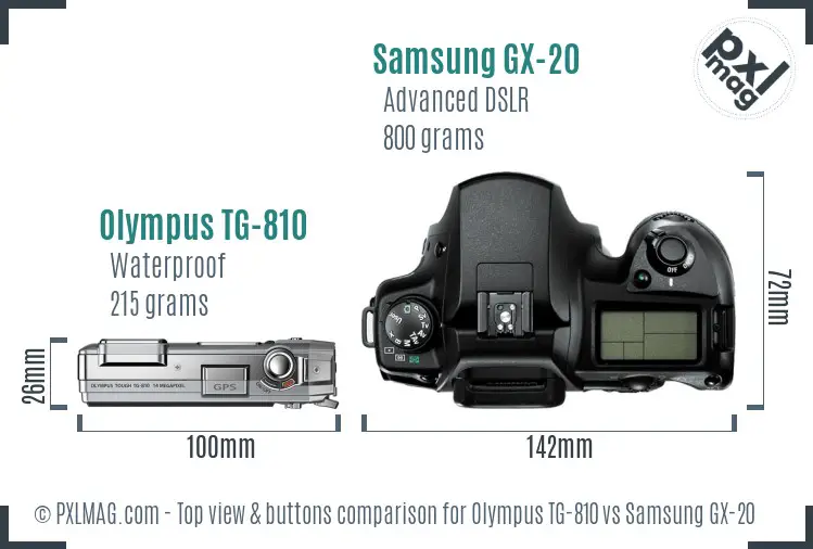Olympus TG-810 vs Samsung GX-20 top view buttons comparison Olympus TG-810 vs Samsung GX-20 top view buttons comparison