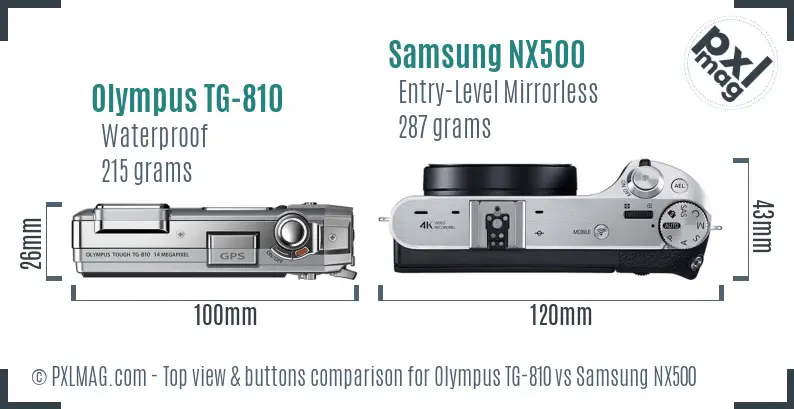 Olympus TG-810 vs Samsung NX500 top view buttons comparison Olympus TG-810 vs Samsung NX500 top view buttons comparison