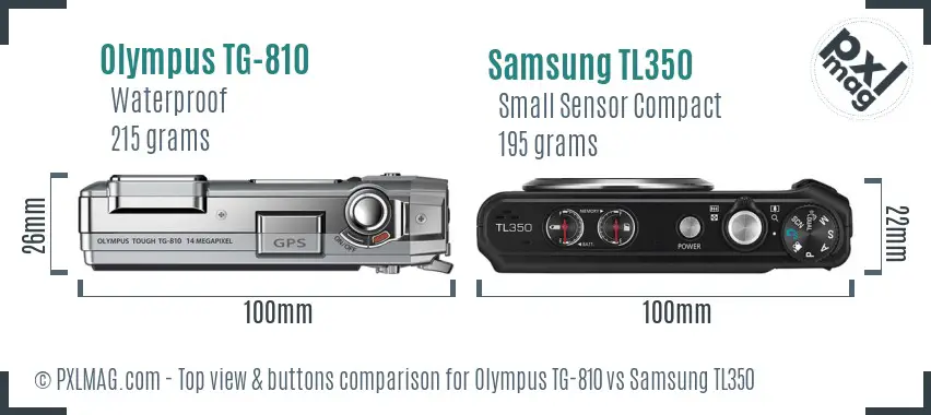Olympus TG-810 vs Samsung TL350 top view buttons comparison Olympus TG-810 vs Samsung TL350 top view buttons comparison