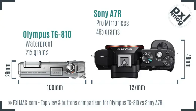 Olympus TG-810 vs Sony A7R top view buttons comparison Olympus TG-810 vs Sony A7R top view buttons comparison