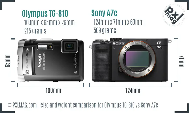 Olympus TG-810 vs Sony A7c size comparison