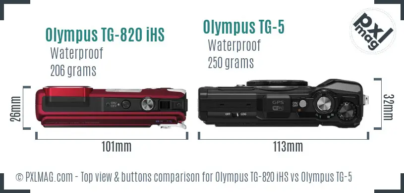 Olympus TG-820 iHS vs Olympus TG-5 top view buttons comparison