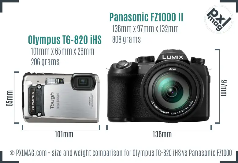 Olympus TG-820 iHS vs Panasonic FZ1000 II size comparison