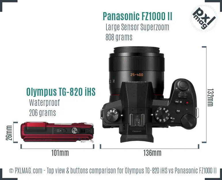 Olympus TG-820 iHS vs Panasonic FZ1000 II top view buttons comparison