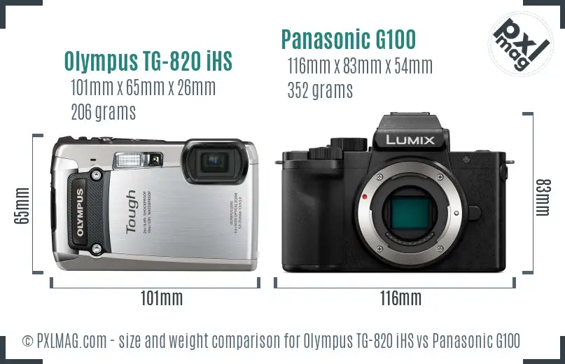 Olympus TG-820 iHS vs Panasonic G100 size comparison