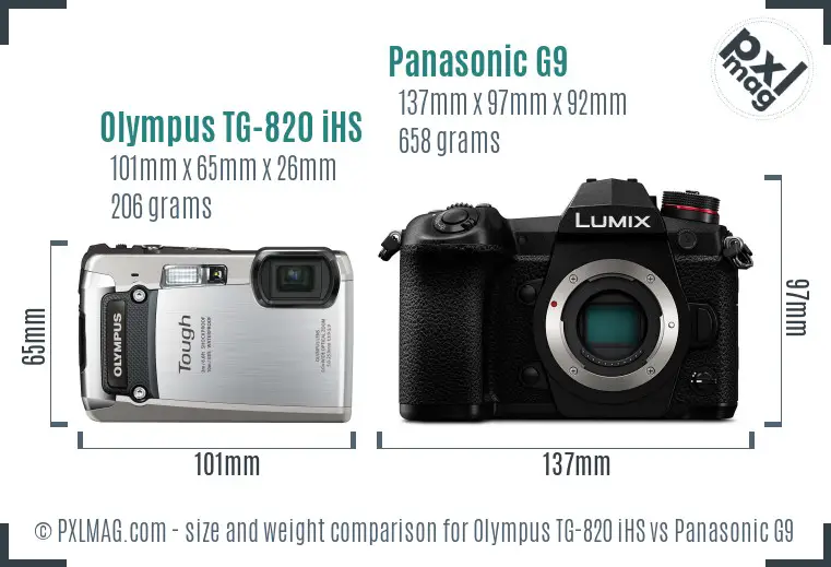 Olympus TG-820 iHS vs Panasonic G9 size comparison