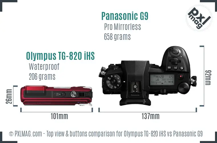 Olympus TG-820 iHS vs Panasonic G9 top view buttons comparison