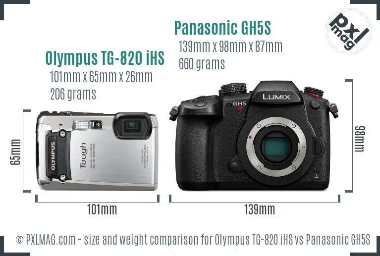 Olympus TG-820 iHS vs Panasonic GH5S size comparison