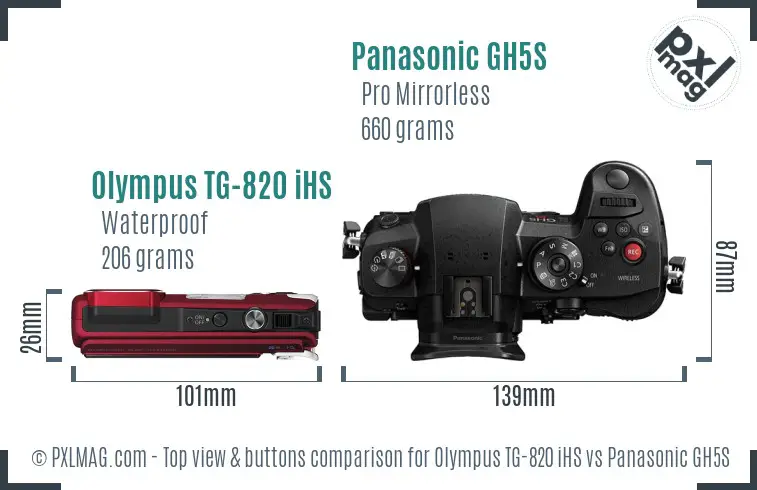 Olympus TG-820 iHS vs Panasonic GH5S top view buttons comparison