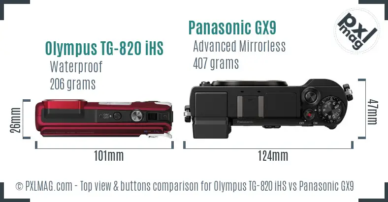 Olympus TG-820 iHS vs Panasonic GX9 top view buttons comparison