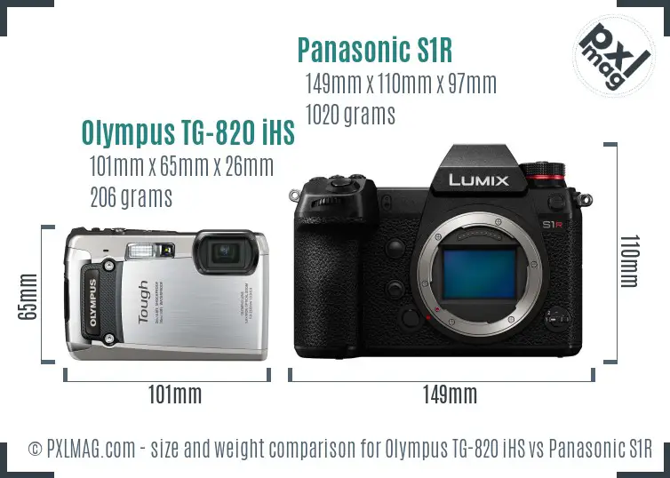 Olympus TG-820 iHS vs Panasonic S1R size comparison