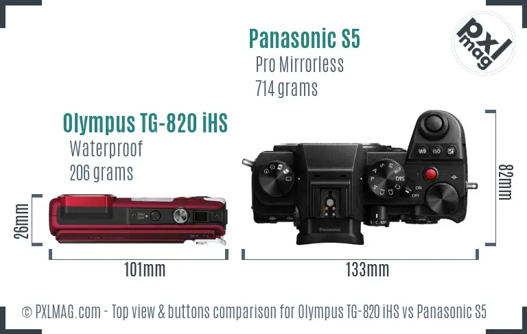 Olympus TG-820 iHS vs Panasonic S5 top view buttons comparison