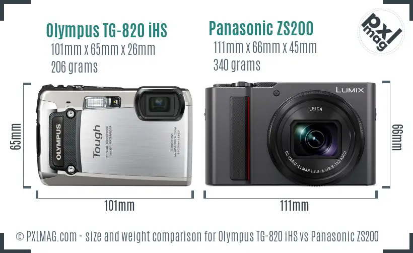 Olympus TG-820 iHS vs Panasonic ZS200 size comparison