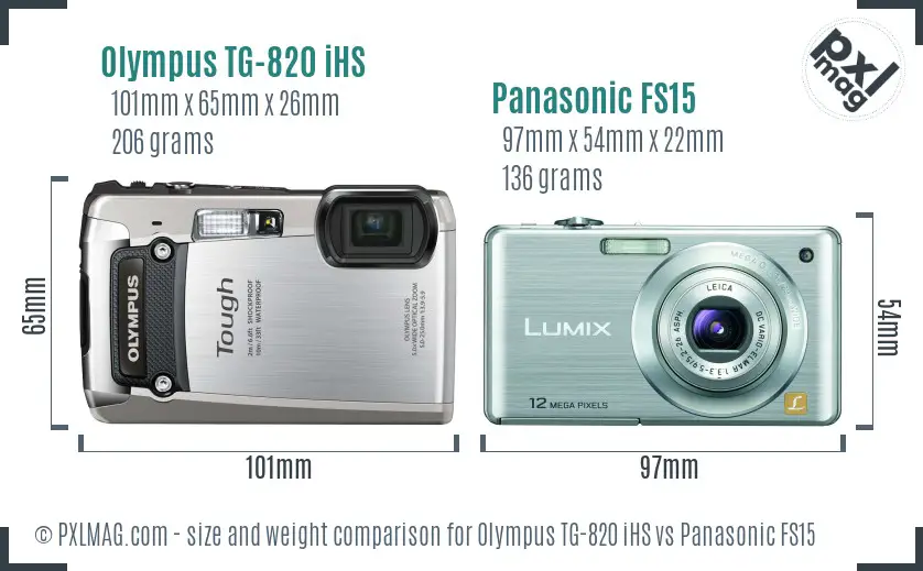 Olympus TG-820 iHS vs Panasonic FS15 size comparison