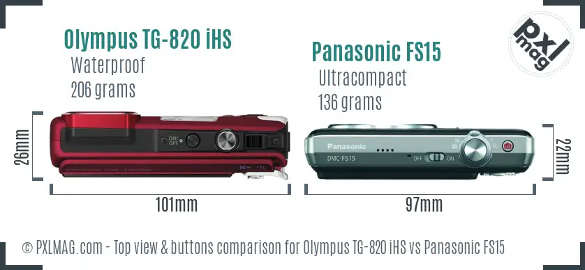 Olympus TG-820 iHS vs Panasonic FS15 top view buttons comparison