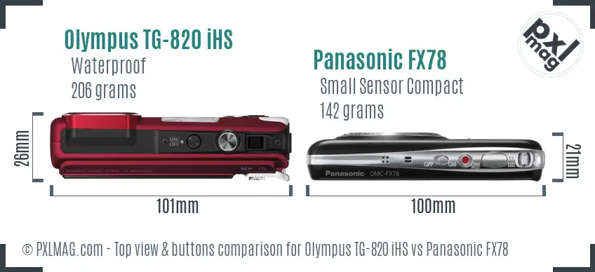Olympus TG-820 iHS vs Panasonic FX78 top view buttons comparison Olympus TG-820 iHS vs Panasonic FX78 top view buttons comparison