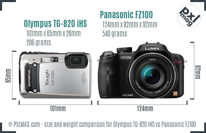 Olympus TG-820 iHS vs Panasonic FZ100 size comparison