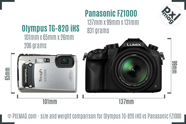 Olympus TG-820 iHS vs Panasonic FZ1000 size comparison