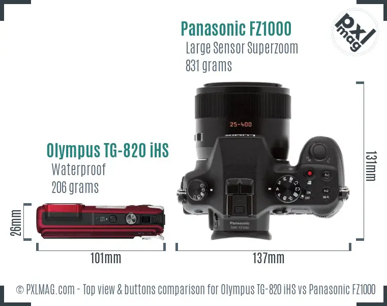 Olympus TG-820 iHS vs Panasonic FZ1000 top view buttons comparison