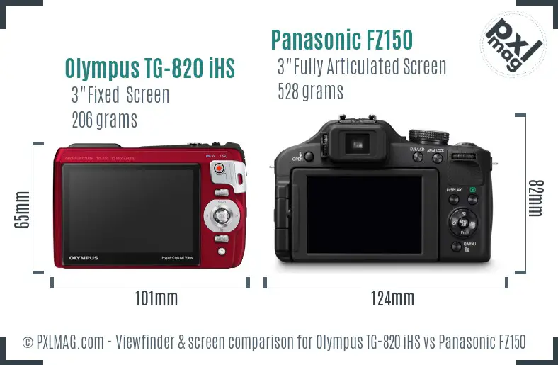 Olympus TG-820 iHS vs Panasonic FZ150 Screen and Viewfinder comparison
