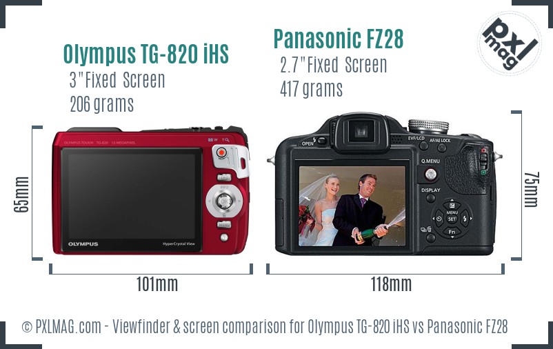 Olympus TG-820 iHS vs Panasonic FZ28 Screen and Viewfinder comparison