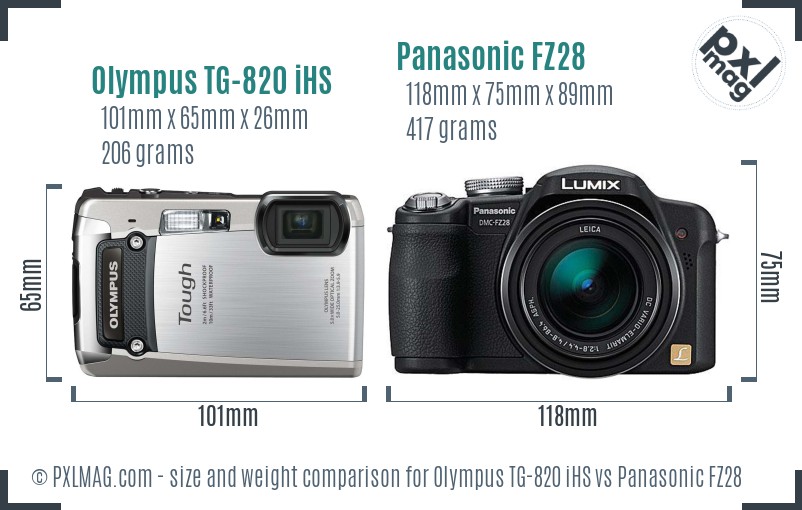 Olympus TG-820 iHS vs Panasonic FZ28 size comparison Olympus TG-820 iHS vs Panasonic FZ28 size comparison