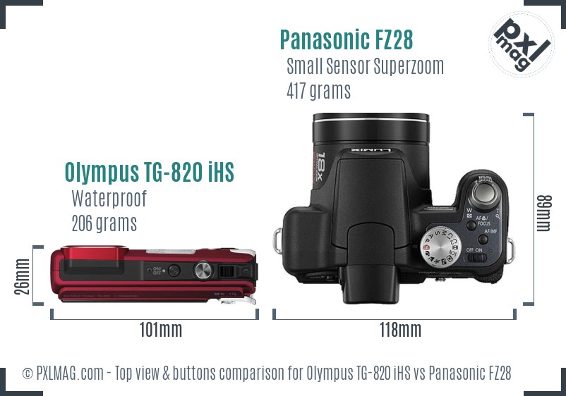 Olympus TG-820 iHS vs Panasonic FZ28 top view buttons comparison