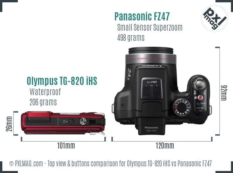 Olympus TG-820 iHS vs Panasonic FZ47 top view buttons comparison Olympus TG-820 iHS vs Panasonic FZ47 top view buttons comparison