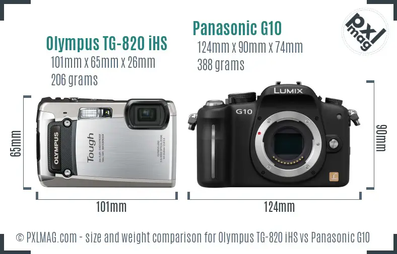 Olympus TG-820 iHS vs Panasonic G10 size comparison