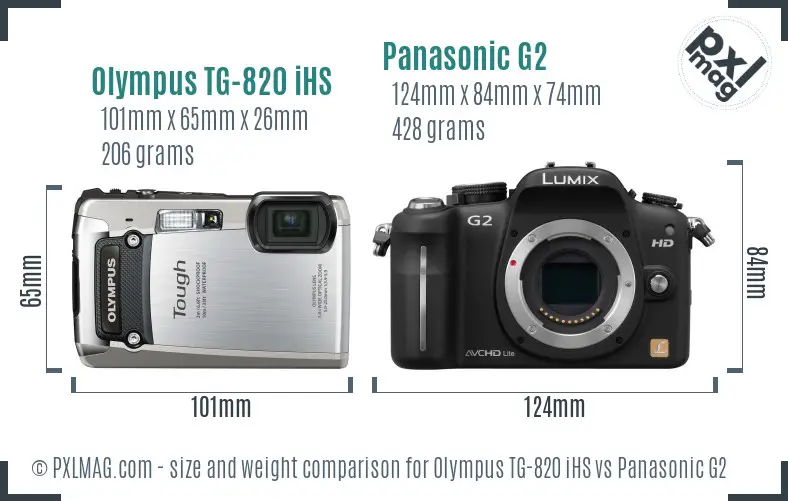 Olympus TG-820 iHS vs Panasonic G2 size comparison