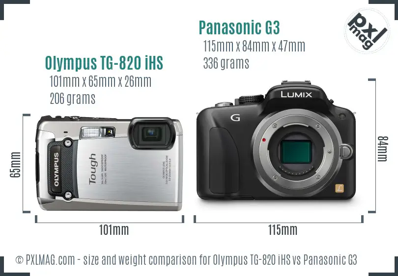 Olympus TG-820 iHS vs Panasonic G3 size comparison