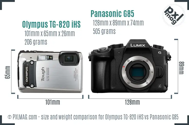 Olympus TG-820 iHS vs Panasonic G85 size comparison