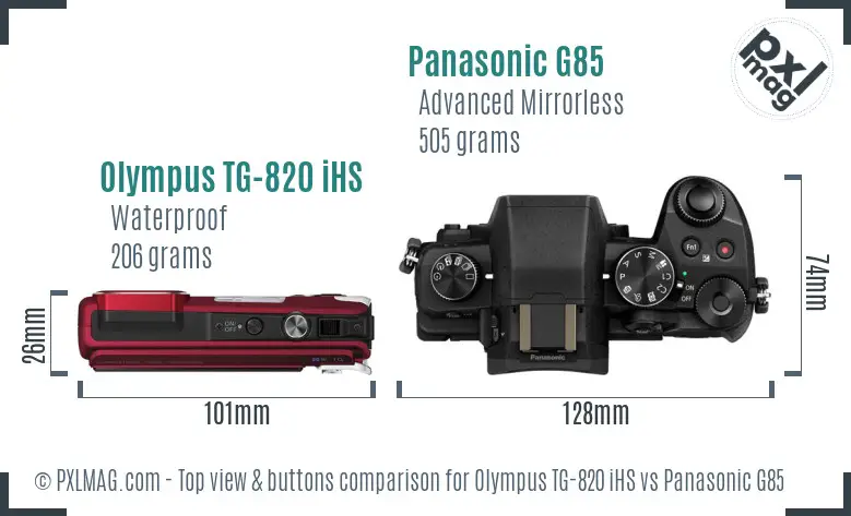 Olympus TG-820 iHS vs Panasonic G85 top view buttons comparison