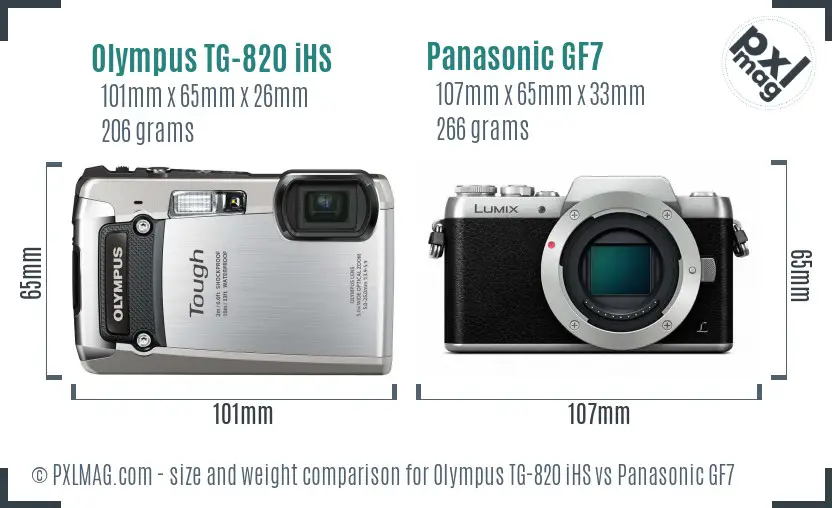 Olympus TG-820 iHS vs Panasonic GF7 size comparison