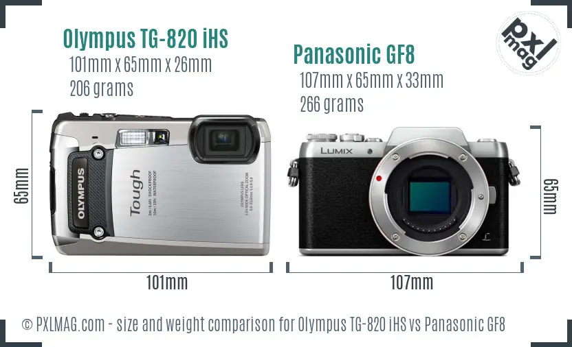 Olympus TG-820 iHS vs Panasonic GF8 size comparison