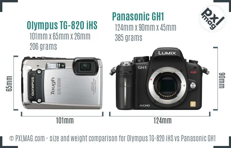 Olympus TG-820 iHS vs Panasonic GH1 size comparison