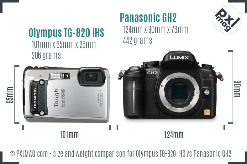 Olympus TG-820 iHS vs Panasonic GH2 size comparison