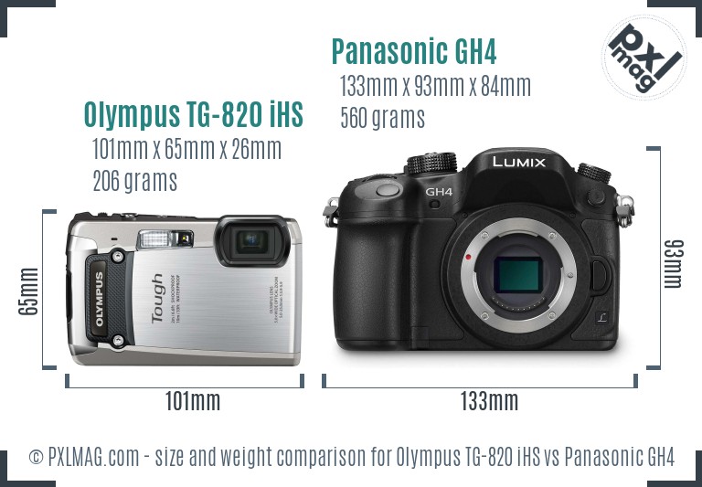 Olympus TG-820 iHS vs Panasonic GH4 size comparison