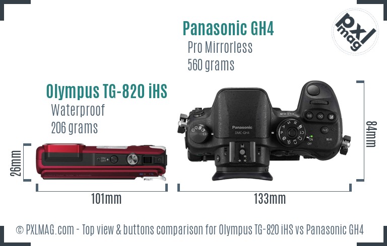 Olympus TG-820 iHS vs Panasonic GH4 top view buttons comparison
