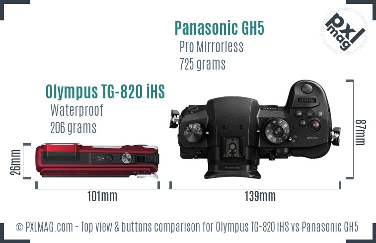 Olympus TG-820 iHS vs Panasonic GH5 top view buttons comparison