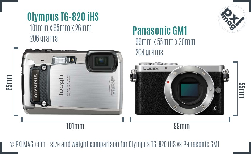 Olympus TG-820 iHS vs Panasonic GM1 size comparison