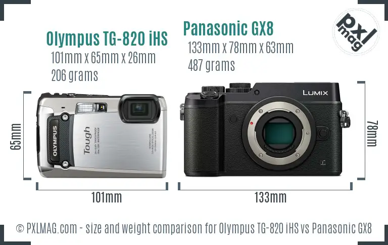 Olympus TG-820 iHS vs Panasonic GX8 size comparison