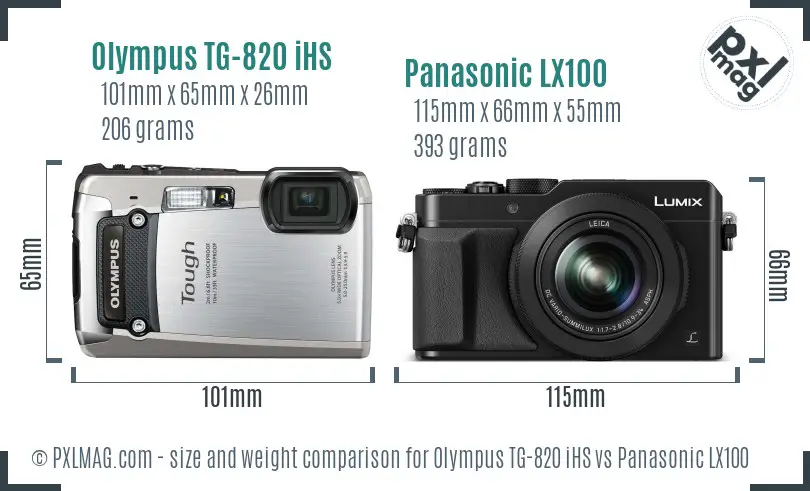 Olympus TG-820 iHS vs Panasonic LX100 size comparison