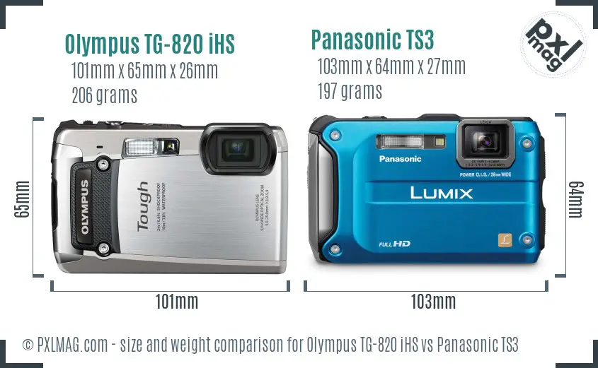 Olympus TG-820 iHS vs Panasonic TS3 size comparison