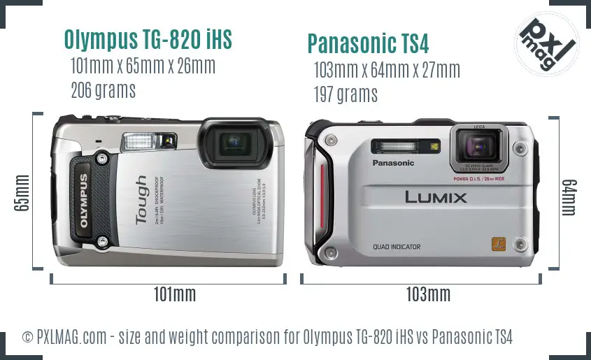Olympus TG-820 iHS vs Panasonic TS4 size comparison