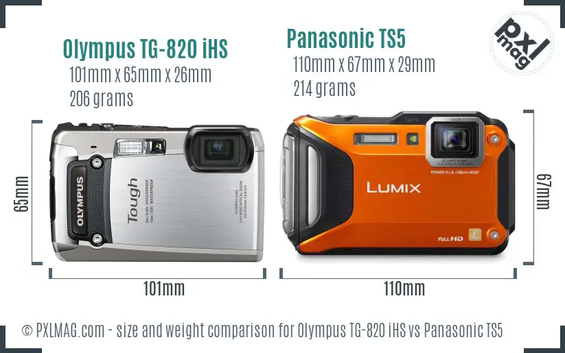 Olympus TG-820 iHS vs Panasonic TS5 size comparison