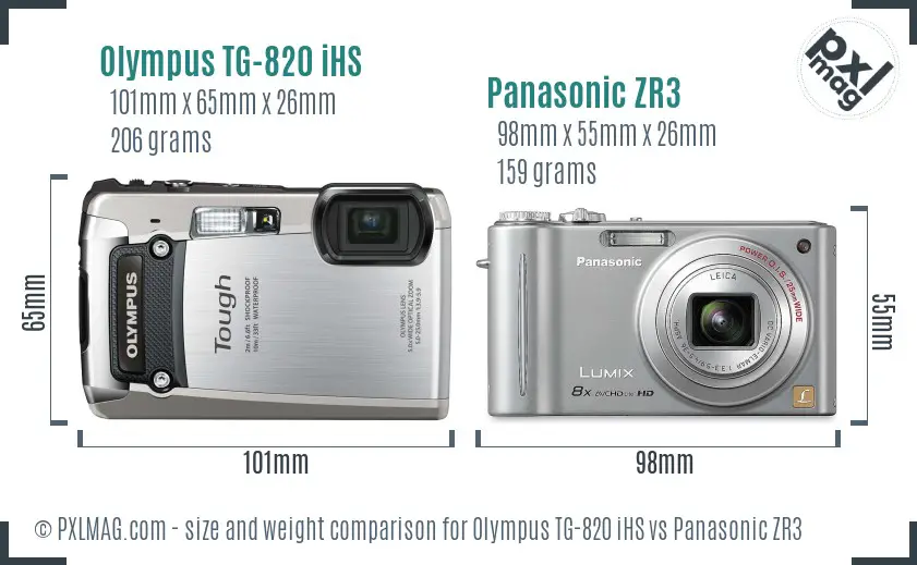 Olympus TG-820 iHS vs Panasonic ZR3 size comparison