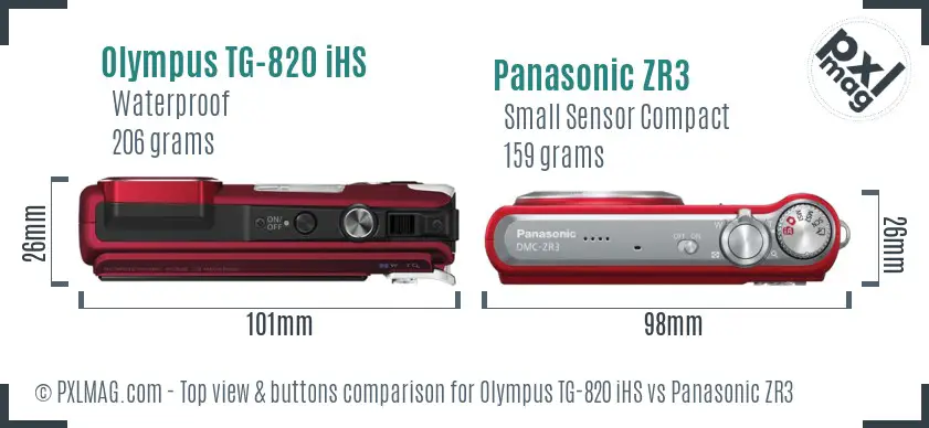 Olympus TG-820 iHS vs Panasonic ZR3 top view buttons comparison