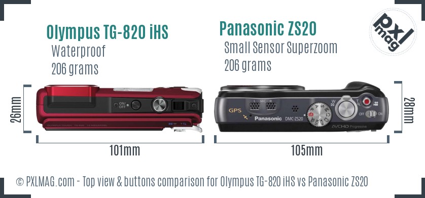 Olympus TG-820 iHS vs Panasonic ZS20 top view buttons comparison